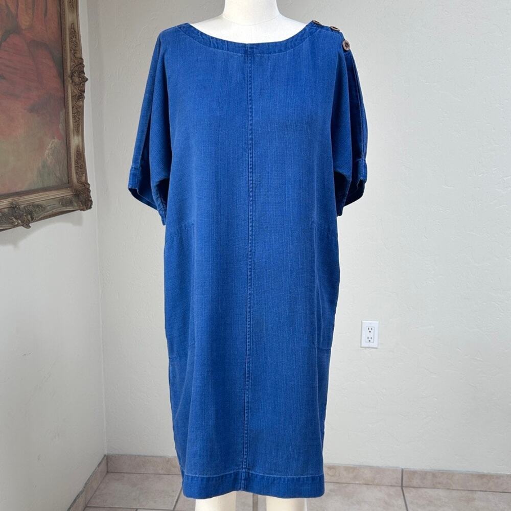 Blue Tencel Tunic Shift Dress Minimalist Japanese Indigo Lagenlook Pockets XS